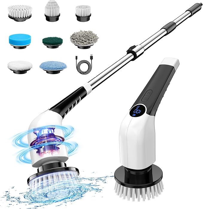 Electric Spin Scrubber, 2025 New Cordless Shower Cleaning Brush with 8 Replaceable Brush Heads, 3 Adjustable Speeds, and Adjustable Extension Handle for Bathroom Floor Tile
