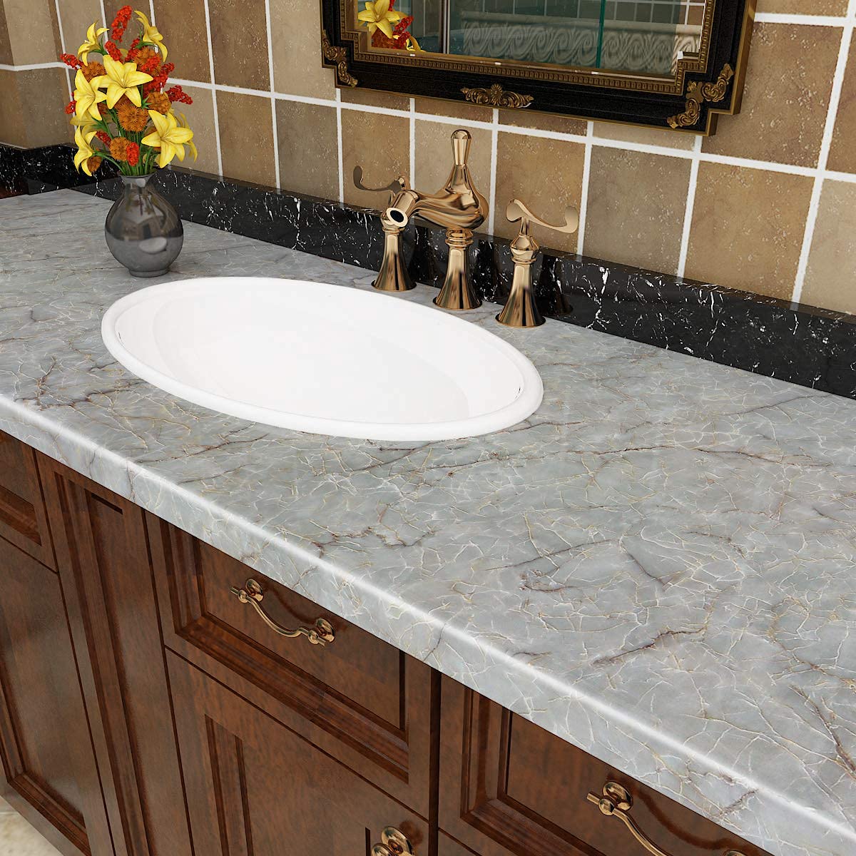 Livelynine 36 Inch Wide Marble Contact Paper for Countertops Waterproof Glossy Light Green Marble Wallpaper Peel and Stick Countertop Kitchen Counter Top Covers Laminate Counter Top Vinyl Wrap Table
