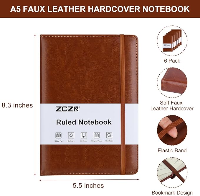 ZCZN 6 Pack Lined Journal Notebooks, 192 Pages A5 Hardcover Leather Journals for Work,Writing,School & Travel, College Ruled Journaling Notebooks for Notes Taking,Diary Notepad (Black*3+Brown*3)