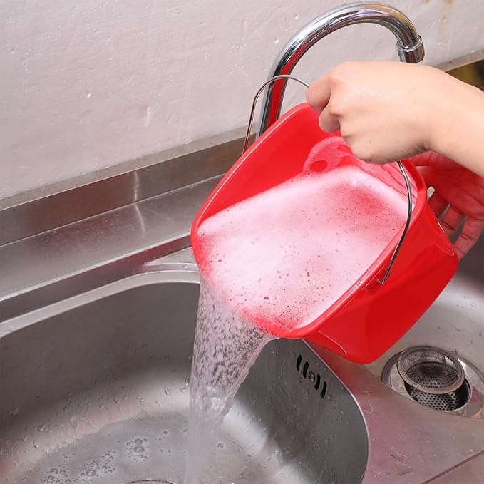 6 Pcs 3 Quart Cleaning Bucket Small Sanitizing Square Bucket Detergent Pail for Home Commercial Restaurant Kitchen Office School (Red)