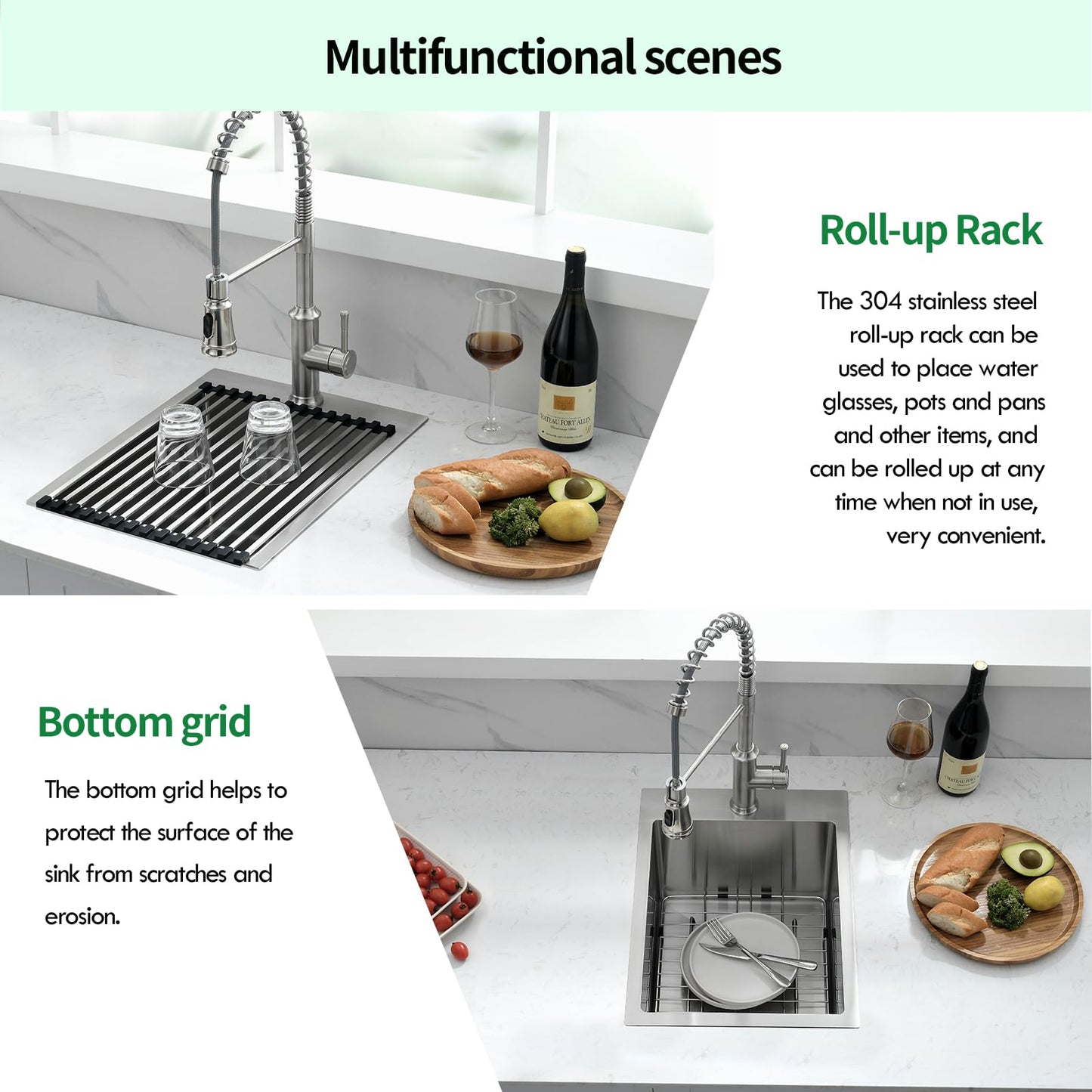 EcoChannels Drop In Kitchen Sink, 15 x 20 x 10 Inch 16 Gauge Single Bowl Topmount Wet Bar Sink T-304 Stainless Steel RV Kitchen Sinks