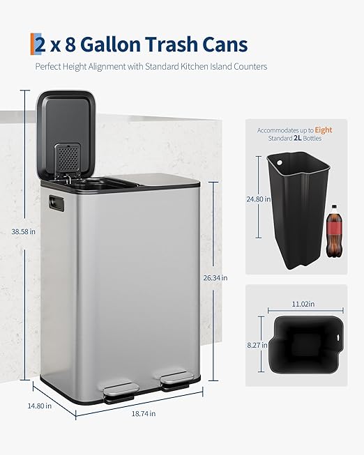 GarveeHome 2 x 8 Gallon Stainless Steel Double Trash Can with Lid for Kitchen, Large Dual Trash and Recycle Bin Combo, Step-on Kitchen Metal Garbage Cans, PP Inner Buckets, Liner Rim, Silver