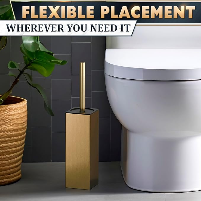 Stainless Steel Toilet Brush and Holder Set Gold & Square Design - Corrosion and Scratch-Resistant Gold Toilet Brush and Holder Set with Splash Protection - for Deep & Effective Bathroom Cleaning