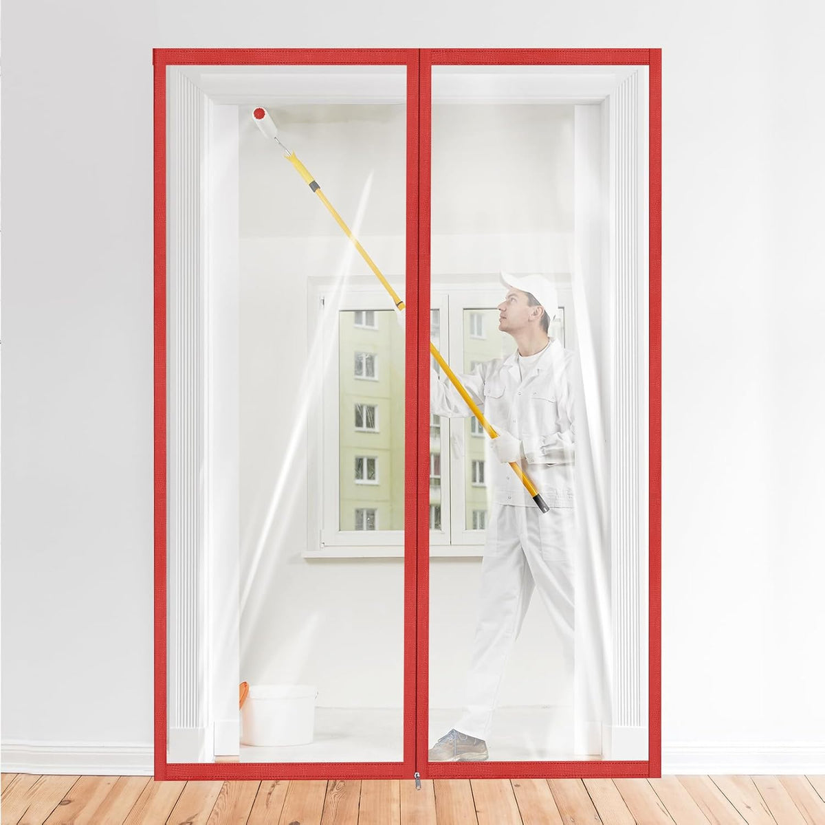 Amylove Zipper 60 x 102 Inch Dust Barrier Kit Red Edged Temporary Construction Door Barrier 5 x 8.5 ft Reusable Plastic Curtain Cover Containment Doorway Wall Screen Sheeting for Bathroom Hallway