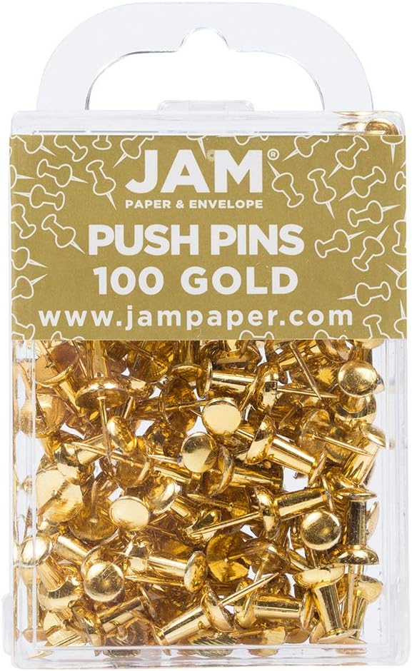 JAM PAPER Colorful Push Pins - Gold Pushpins - 100/Pack