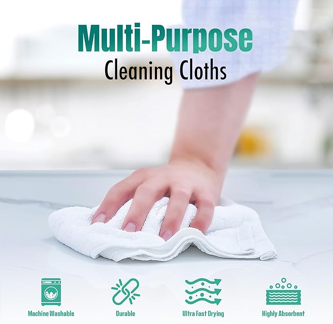 ZUPERIA Terry Towels Pack of 24 (14" X 17" Inches) 100% Cotton Terry Barmop Towels - Absorbent & Durable Bar Rags, Multipurpose Cleaning Rags for Home, Automotive & Garage Cleaning Supplies (White)