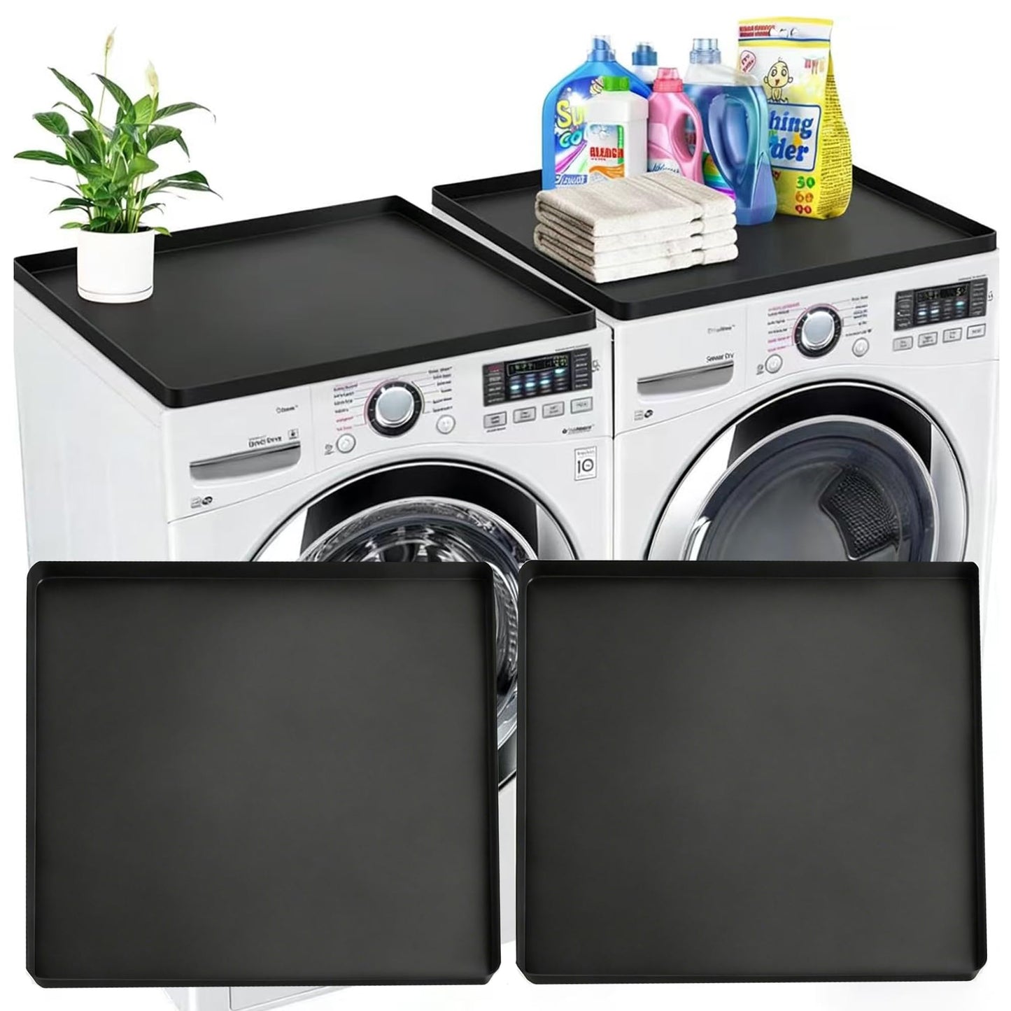 2-Pack Washer Dryer Top Protector Mat 23.6"x19.7" Anti-Vibration Anti-Slip Washing Machine Cover, Raised Edge Waterproof Pad, Shock-Absorbing Silicone Mat for Laundry Basket & Detergent Organizer