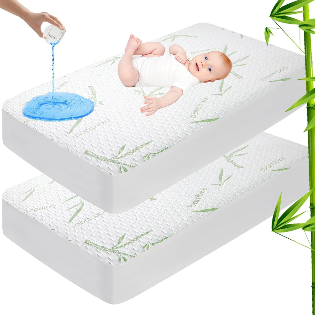 Mattress Protector Soft Crib Rayon Bamboo Waterproof Mattress Pad Cover, Soft Breathable Cooling Deep Pocket Stretches up to 21” Tightly Fitted Mattress Protection