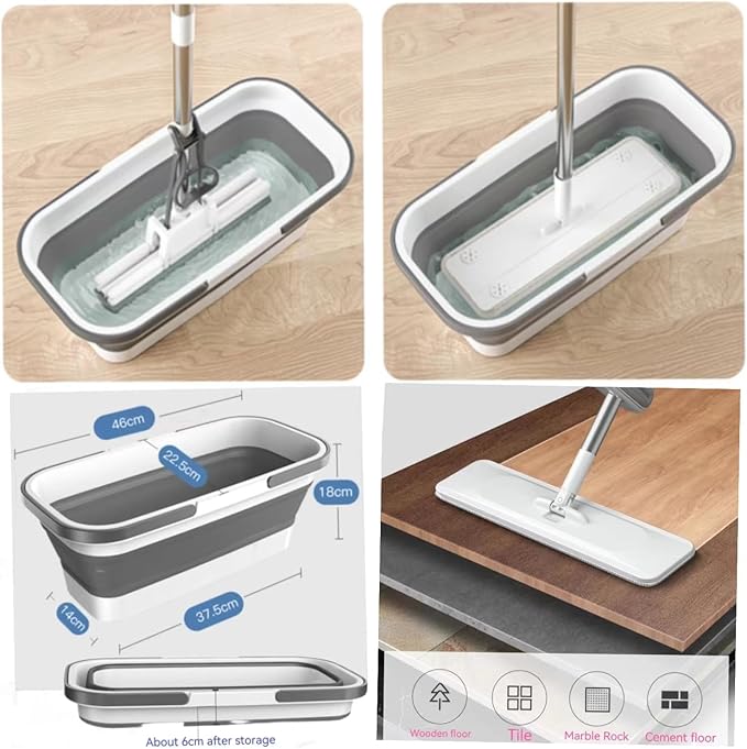 Mop and Bucket Set with Wringer, Flat Mops for Floor Cleaning, Wall Mop Cleaner with Long Handle, Hardwood Floor Mop with 6 Microfiber Pads (1 Mop + 6 Microfiber Pads + 1 Bucket)