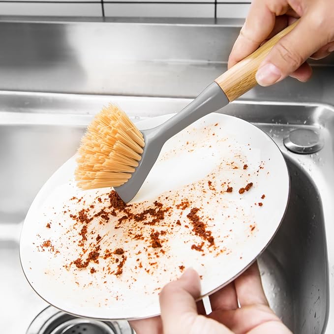 2 Pack Dish Brushes with Bamboo Handle, Kitchen Dish Scrubber Built-in Scraper, Scrub Brush for Pans, Pots, Counter & Kitchen Sink Cleaning, Dishwashing and Cleaning, Perfect Cleaning Tools, Gray