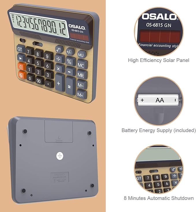 Desktop Calculator Extra Large 5-Inch LCD Display 12-Digit Big Number Accounting Calculator with Giant Response Button, Battery & Solar Powered, Perfect for Office Business Home Daily Use(6815GN-2pcs)