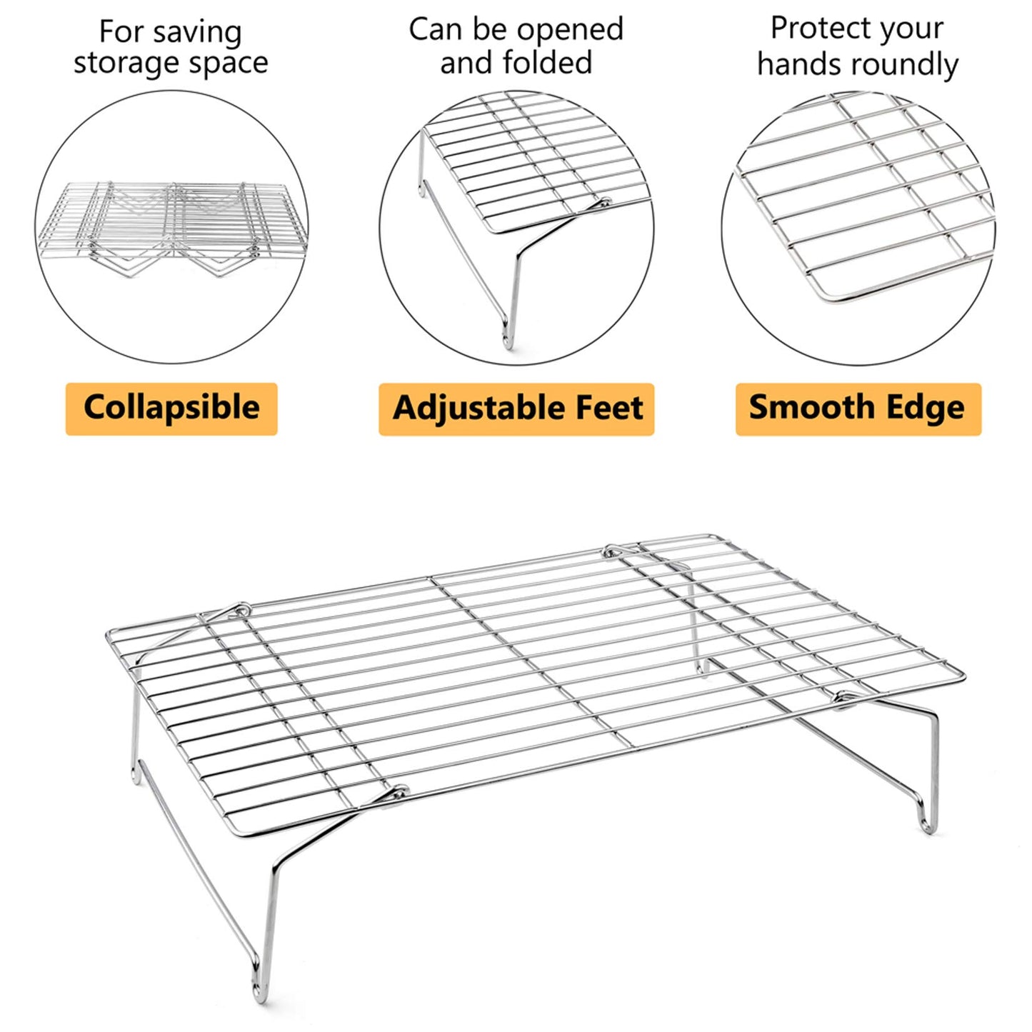P&P CHEF Cooling Rack Set of 2, 2-Tier Stackable Stainless Steel Wire Racks for Baking Cooking Cooling Roasting, Collapsible & Heavy Duty, Oven Safe & Easy Clean, 15" x 10", Silver