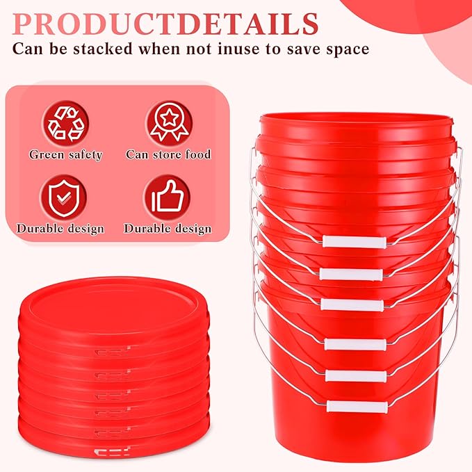 6 Pack 2 Gallon Plastic Bucket with Lid Heavy Duty Pail with Metal Handle Reusable Small Multipurpose Paint Buckets Container for Food Storage(Red)
