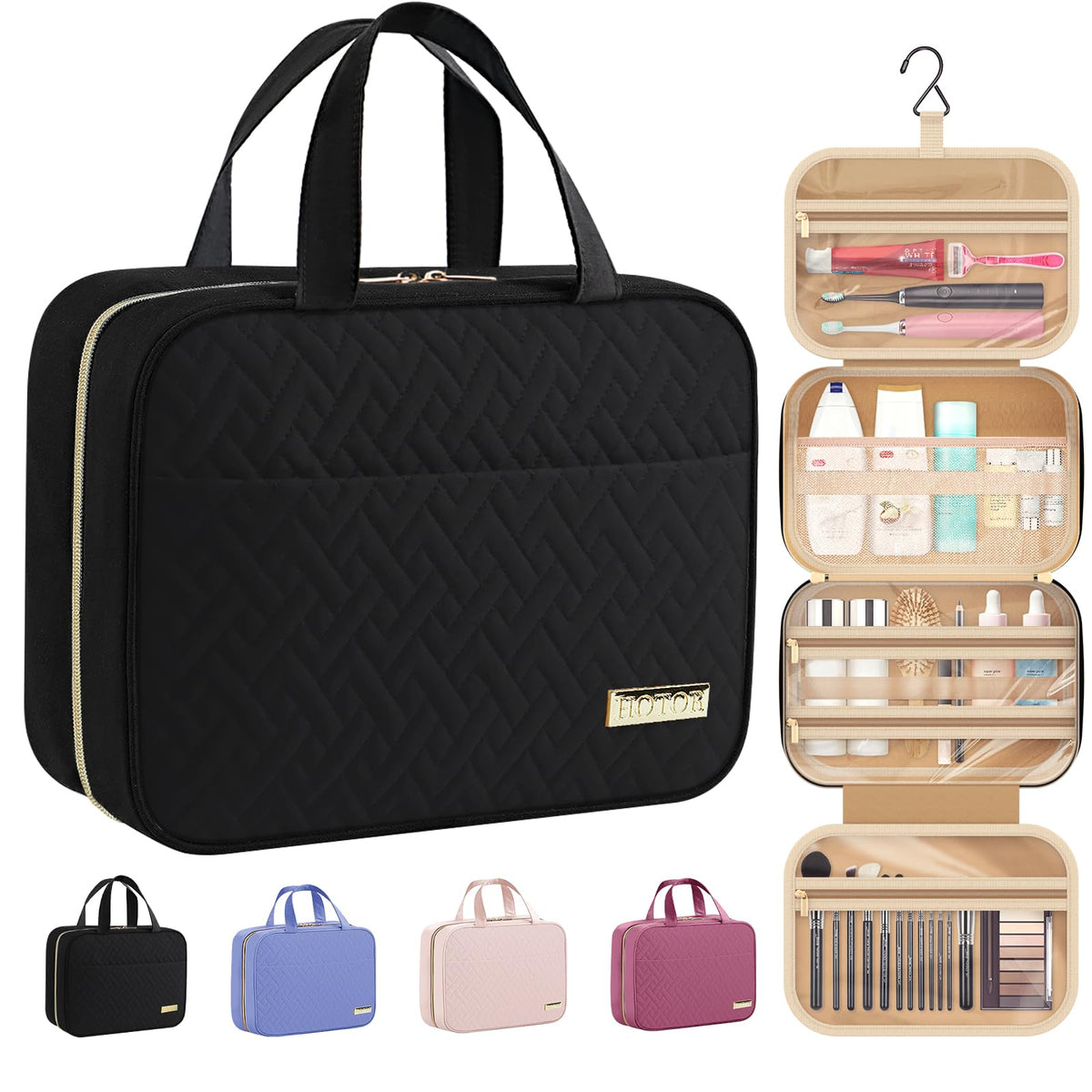 HOTOR Travel Toiletry Bag w/Hanging Hook - Spacious Toiletry Bag Essentials for Women & Men, Makeup Bag/Big Comparment, Waterproof for Travel Accessories, Medium, Black