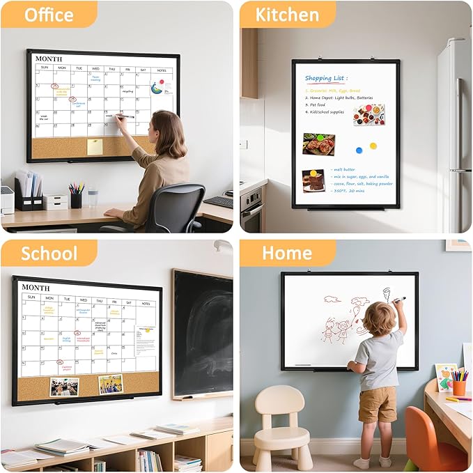 Large Dry Erase Calendar for Wall, 36"x24" Double-Sided Magnetic Whiteboard Calendar with Cork Board, Black Aluminum Frame Monthly White Board Memo Message Board for Office, Home, School