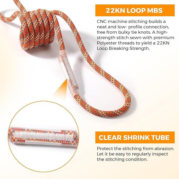 10mm Nylon Prusik Cord, Pre-Sewn 47in(120cm) Prusik Loop, 22KN / 4950lbs MBS High Strength Friction Cord for Rock Climbing, Arborist Tree Work, Rescue, Rappelling and Aerial Operations