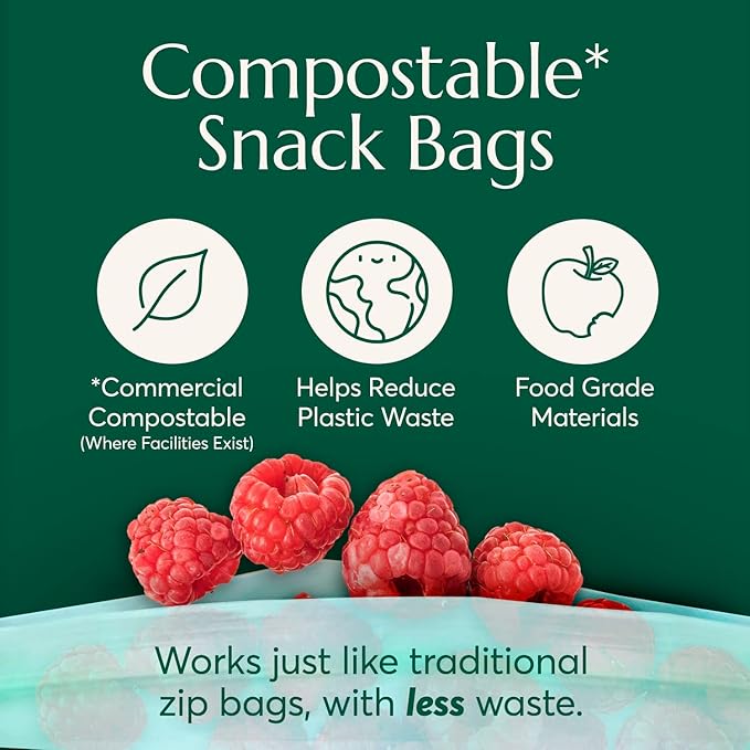 Cleanomic Compostable* Snack Size Food Storage Bags (50 Eco Zip) Freezer and Leak Proof, Also Available Gallon, Quart and Sandwich Size Bags