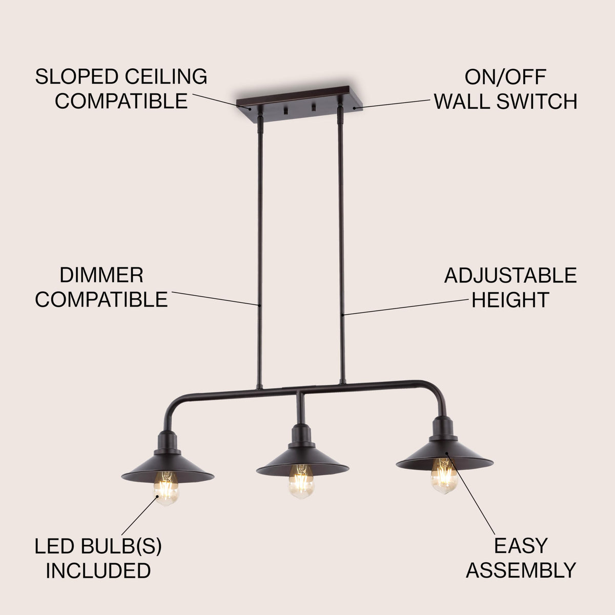 JONATHAN Y 34.25" Oil Rubbed Bronze 3-Light Pendant for Kitchen Island, Modern Farmhouse Industrial Metal Ceiling Light with LED Bulbs, Iron Shade (JYL1113A)