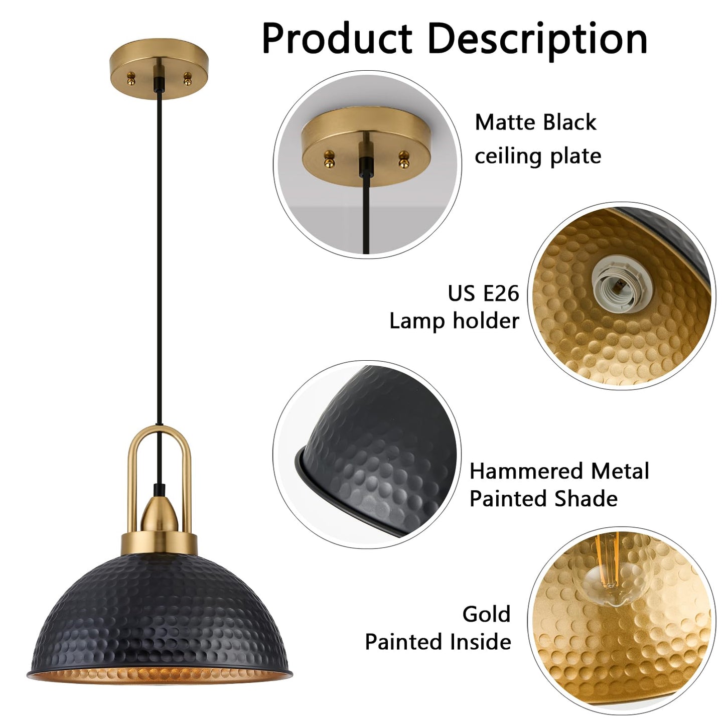 ALAISLYC Black Pendant Lights Kitchen Island Industrial Adjustable Height Vintage Farmhouse Dome Hanging Light Fixtures for Barn, Dining Room 3 Packs
