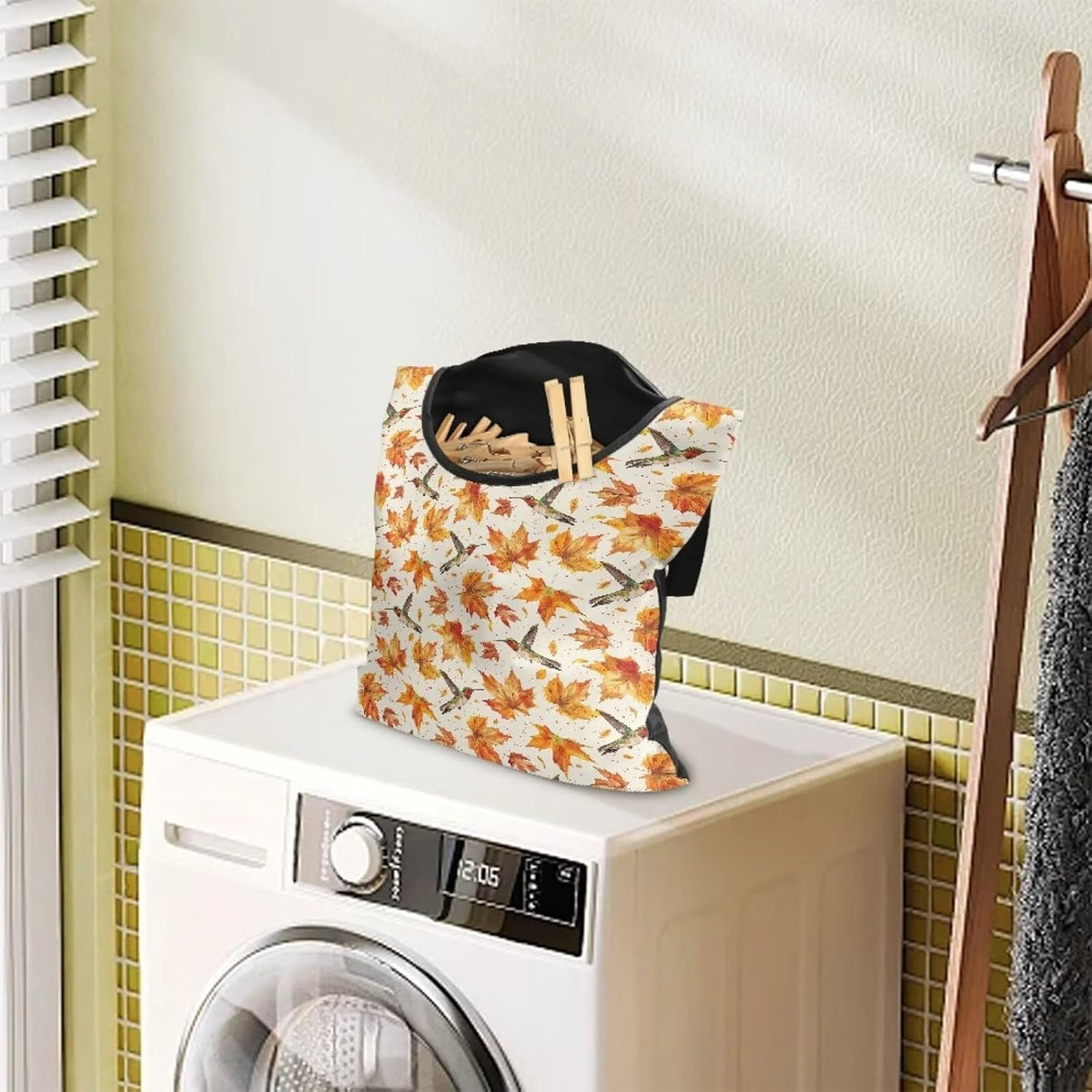 Maple Leaf Large Capacity 14.5 x 12 Inch Clothespin Bag with Hanging Hook Hummingbird Waterproof Clothes Pin Hanging Bag Clothespin Storage Organizer with Large Opening