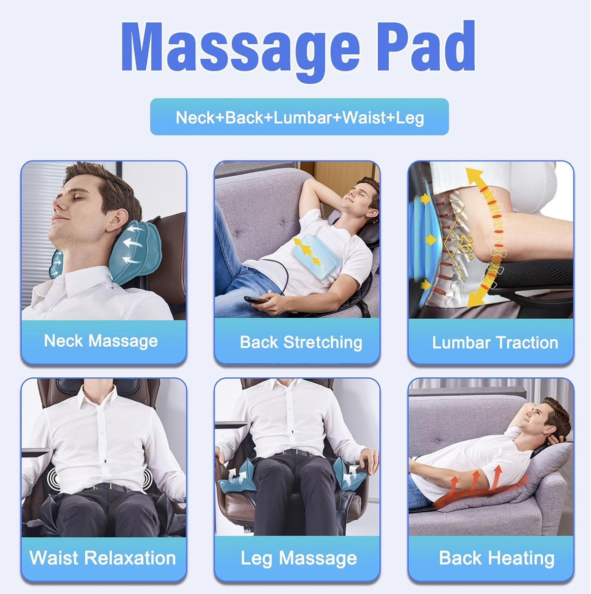 Back Massager with Heat & Traction & Vibration, Seat Massager Pad for Pain Relief Deep Tissue, Lumbar Traction, PU Leather, Foldable, for 5’ to 6’1”, Massage Chair Pad for Office Home