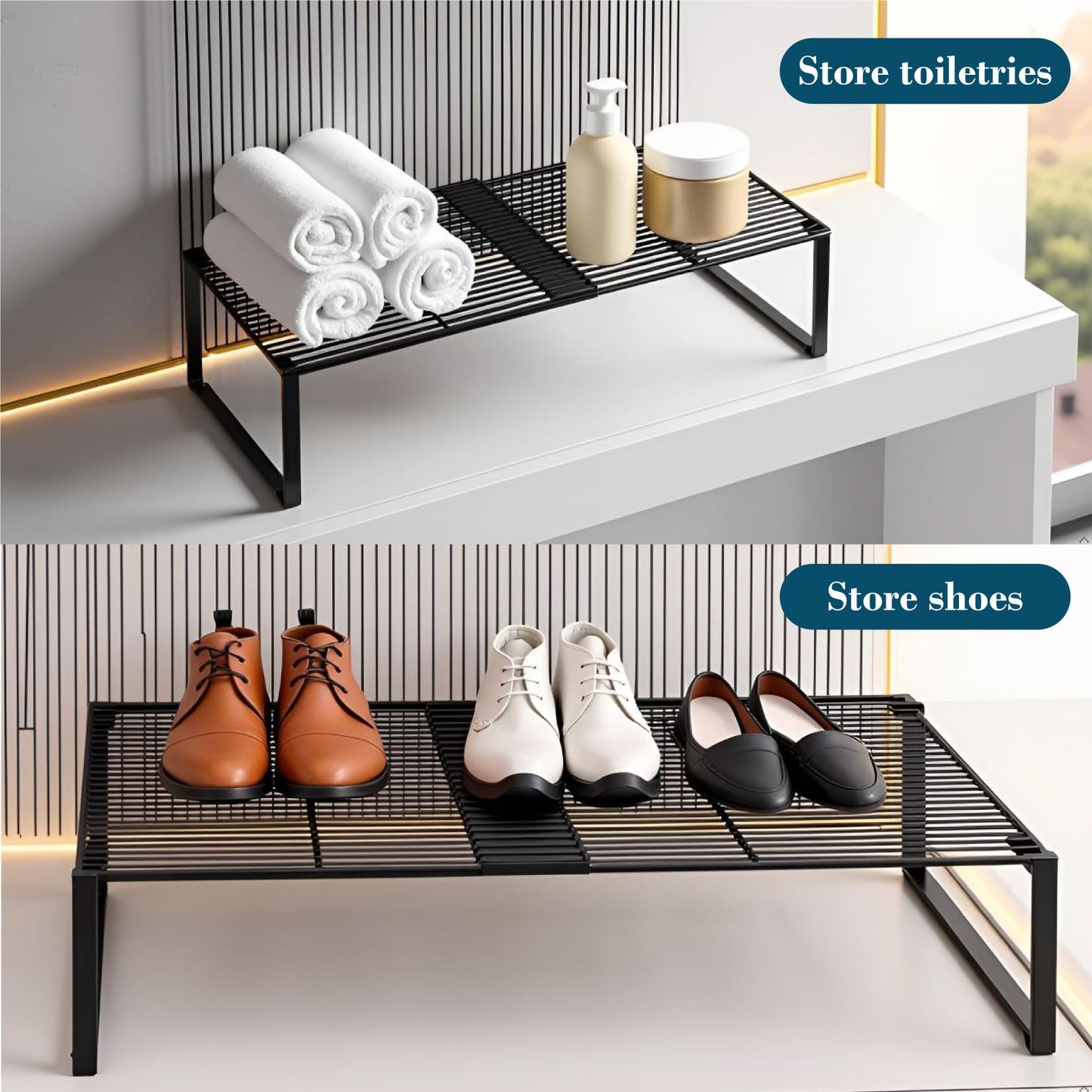 HGZBS Extendable Metal Wire Shelf Organizer - Adjustable 15-24.4in Length, Stackable Storage Rack for Kitchen/Pantry/Bathroom/Shoe Cabinet/Tool Closet (1,Black)