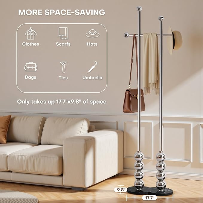 Metal Freestanding Coat Rack with Stainless Steel Double Rods & Marble Base, Hanging Clothes Rack for Entryway, Hallway, Bedroom, Living Room, Sliver