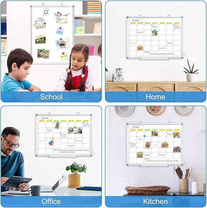 Dry Erase Calendar Whiteboard for Wall, WALGLASS 36" x 24" Magnetic White Board, Monthly Dry Erase Calendar with Silver Aluminum Frame, Double-Sided Hanging Portable Board for Office, Home, School