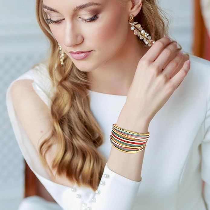Fesciory Leather Wrap Bracelets for Women, Boho Leopard Multi-Layer Crystal Beads Cuff Bracelet Jewelry