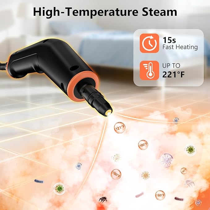 Steam Cleaner, Portable Steamer for Cleaning with 16pcs Accessories, 6-Level Adjustable, 15s Heat-Up, Handheld Steam Cleaner for Home for Tile, Grease, Dirt, Grout, Car Detailing, Orange