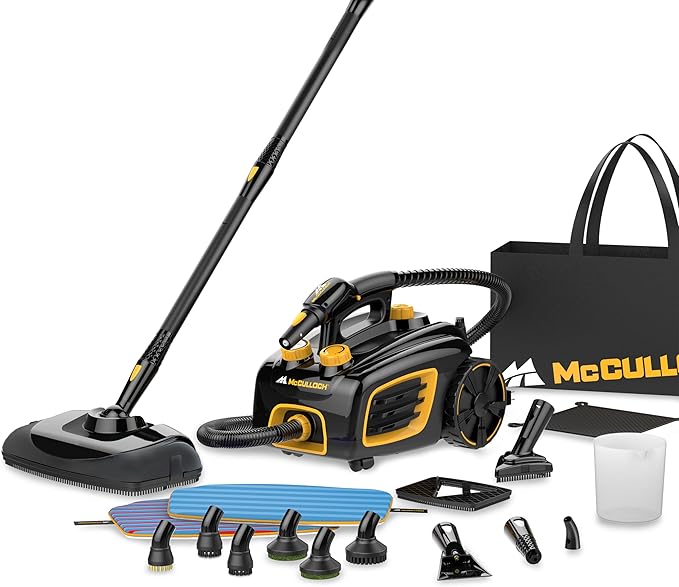 McCulloch Canister Steam Cleaner MC1375, 90 Minute Runtime, 20 Accessories, Jet Nozzle, Brushes, & More - Steam Cleaner for Home, Tile, Carpet, Furniture, & Personal Car Detailing