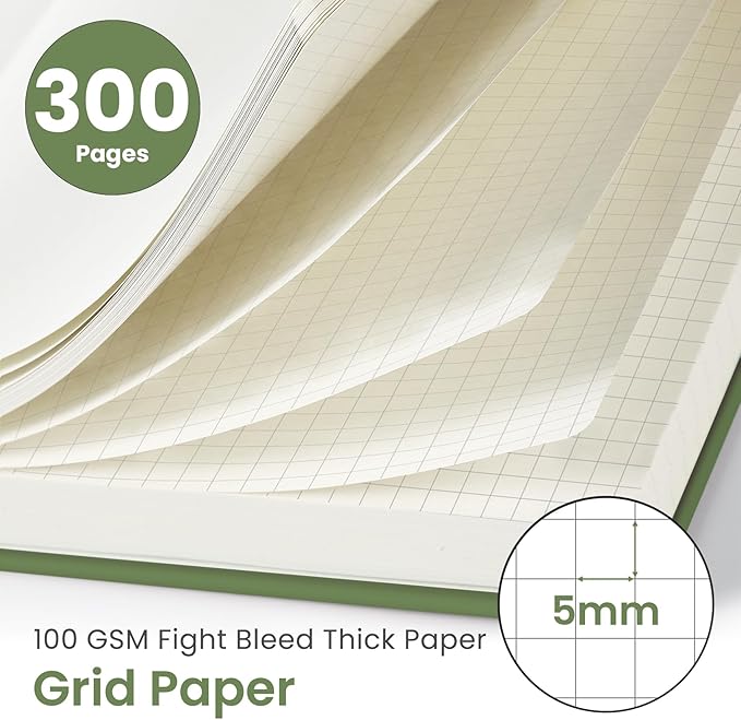 Spiral Graph Paper Notebook Journal for Work, 300 Pages, Thick B5 (7.1"x10") Grid Journals for Women & Writing, Hardcover Notebook for Note Taking, Perfect for Work School Note Taking Business, Green
