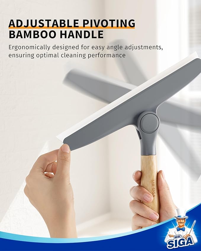 MR.SIGA All Purpose Silicone Squeegee for Shower Door, Mirror, Glass, Streak Free Shower Squeegee, Pivoting Bamboo Handle, Includes 1 Suction Hook, 10 inch Wide, Gray, 1 Pack
