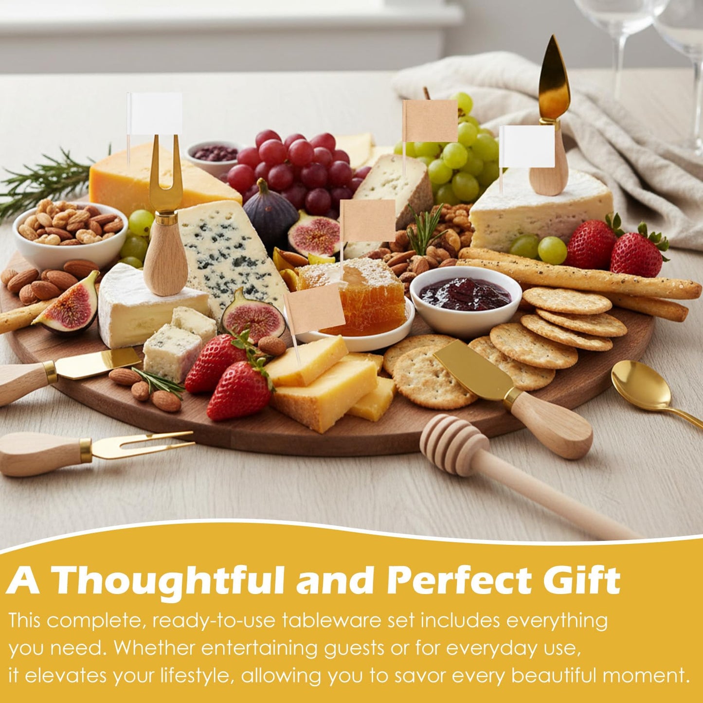 73Pcs Charcuterie Boards Accessories Gold Charcuterie Utensils Set, Cheese Butter Spreader Knife Set Small Serving Tongs Spoons Forks and Dipping Bowls Honey Dippers Toothpick Flags for Wedding Party