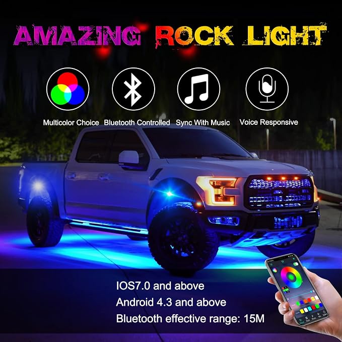 OFFROADTOWN 12 pods LED Rock Lights RGB Multicolor Neon Trail Rig Lights Underglow Wheel Well Light with Bluetooth App Control for Truck Pickup Tundra Dodge GMC UTV ATV