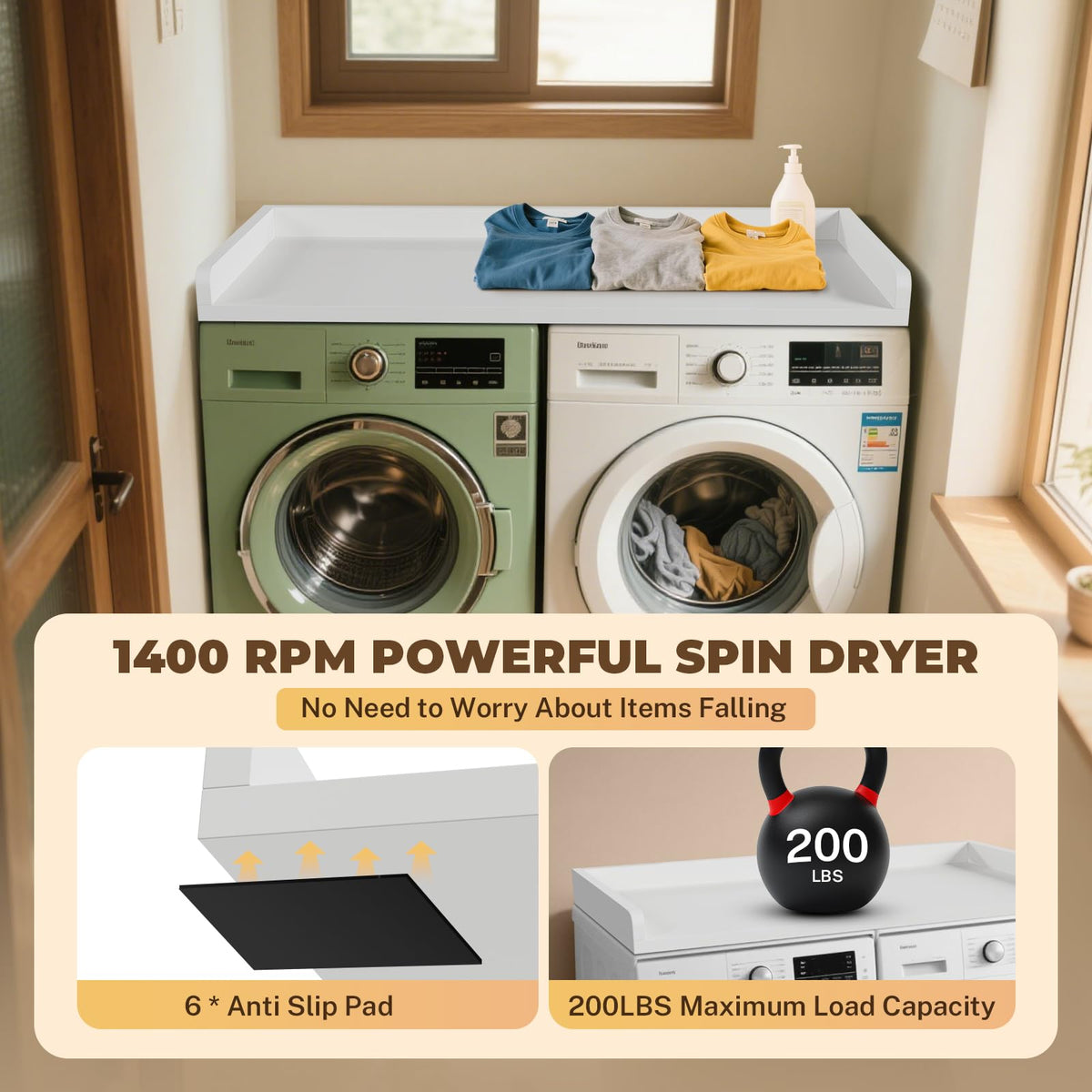 FAHKNS Washer Dryer Countertop - 54" Wood Laundry Washer Dryer Topper with Anti-Slip Mat, Waterproof Laundry Room Organization, Elegant & Space-Saving, White