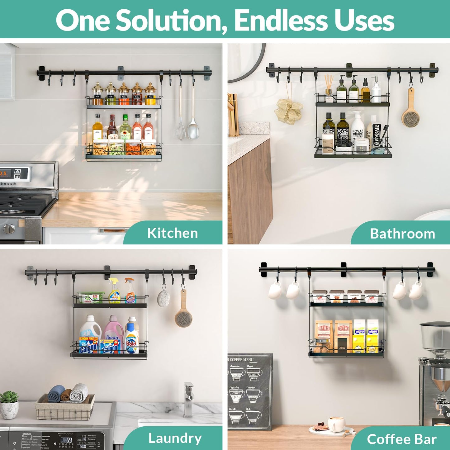 NADAMOO Spice Rack Wall Mount, 2-Tier Storage Shelf with Towel Bar, Utensil Hanger with Hooks for Kitchen, Bathroom, Pantry, Laundry, Matte Black Heavy Duty Metal Organizer
