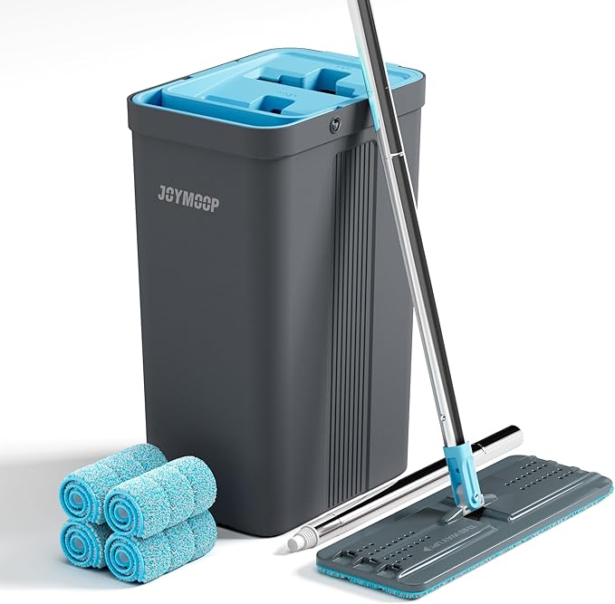 JOYMOOP Mop and Bucket Set with Wringer, Mops for Floor Cleaning, Wall Mop Cleaner with Long Handle, with 4 Reusable Microfiber Mop Pads - Grey+Cyan Blue