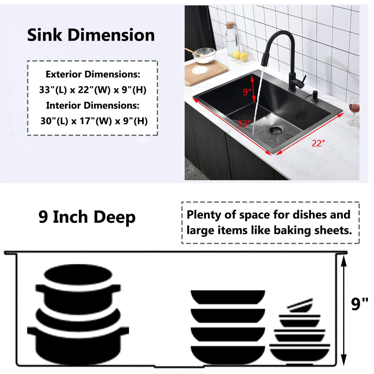 COMLLEN 33"x22"x9" Black Drop In Kitchen Sink, Top Mount SUS304 Stainless Steel Gunmetal Black 18 Gauge Large Commercial Modern Handmade Kitchen Sinks with Drain