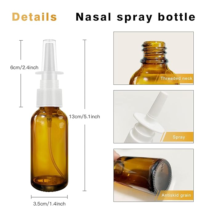Nasal Spray Bottles 6Pcs1oz (30ml) with 2*Funnel,1*Dropper, 8*Label,Empty Nasal Spray Bottle,Amber Glass Nasal Spray Bottle,Press Spray Head Refillable Portable Fine Mist