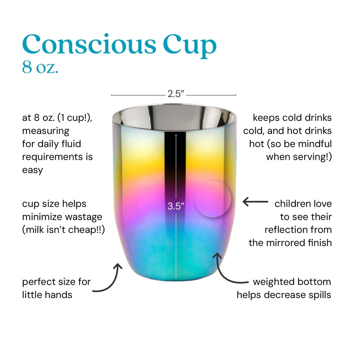 Ahimsa Stainless Steel Kids Cup, Pediatrician Designed, Colorful Toddler Cups for Open Cup Training, 8oz, 100% BPA Free & Dishwasher Safe, Single Rainbow (Rainbow / 1 Cup, 8 oz)