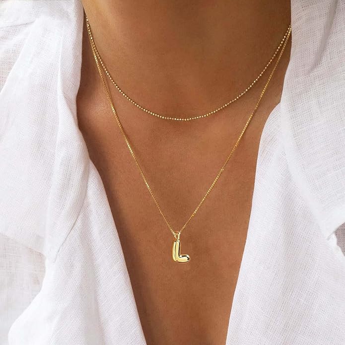 Bubble Gold Silver Letter Necklace Initial Necklaces for Women Trendy 14K Dainty Charm Pendant Name Necklace Personalized Jewelry Gift for Women Teen