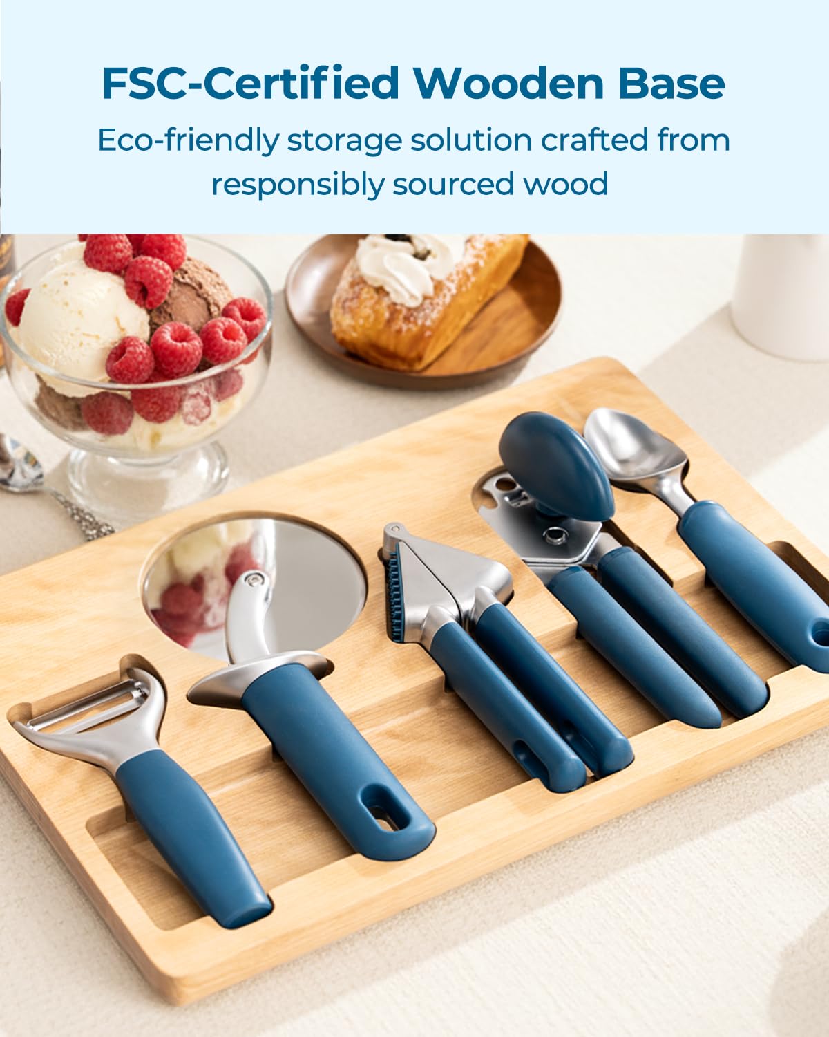 OOU Kitchen Gadget Set, 5 Piece Premium Zinc Alloy Kitchen Tools with Ergonomic TPE Handles – Includes Can Opener, Pizza Cutter, Garlic Press, Ice Cream Scoop, Peeler, and Wooden Storage Tray