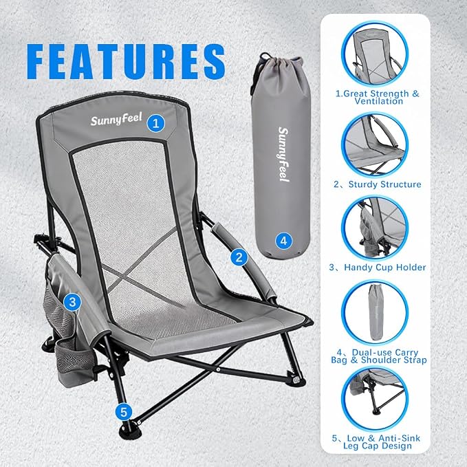 SUNNYFEEL Low Folding Beach Chair for Adults, Portable Lightweight Sling Beach Camping Chairs with Cup Holder, Armrest,Foldable Camp Lawn Chair for Outdoor Sand Concert Travel Sport Events,300LBS