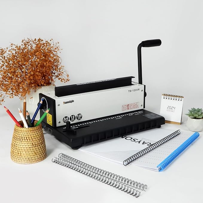 TD-1200R Binding Machine, 3:1 Pitch Wire Binding Machine, 34 Round Holes, Punch 12 Sheets/Bind 120 Sheets with Sturdy Metal Construction