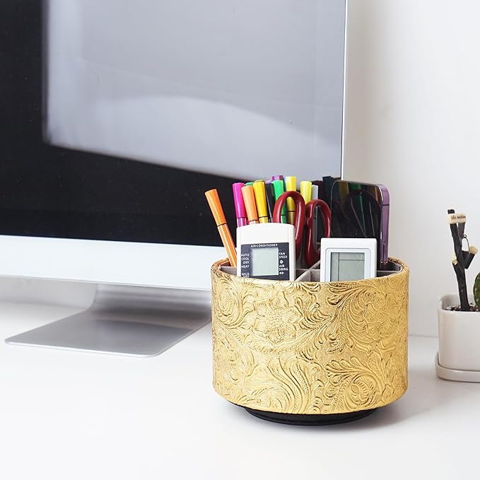 lizimandu Round Leather Art Supply Organizer,Remote Control Holder,360 Degree Spinning,Multi-Functional Pencil Holder,4 Compartments Desktop Stationary Organizer(1-Carved Gold)