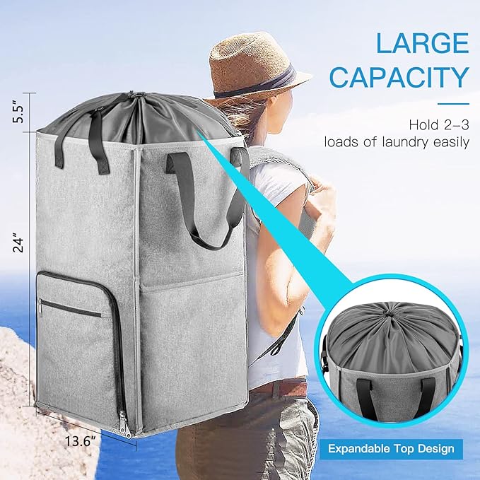 Laundry Backpack Bag, Bukere Extra Large 2 in 1 Laundry Hamper Basket for College Students Dorm Essentials, Adjustable Shoulder Straps, Freestanding Laundry Bag for Apartment, Laundromat, Travel