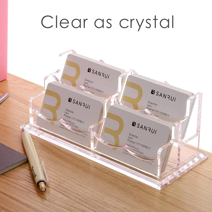 SANRUI Clear Horizontal Business Card Holder Stand for Desk, Acrylic Desktop Display Name Cards Holders Organizer Storage Rack,for Exhibition, Home , Office ,2 Tier 4 Pocket, 240 Card Capacity