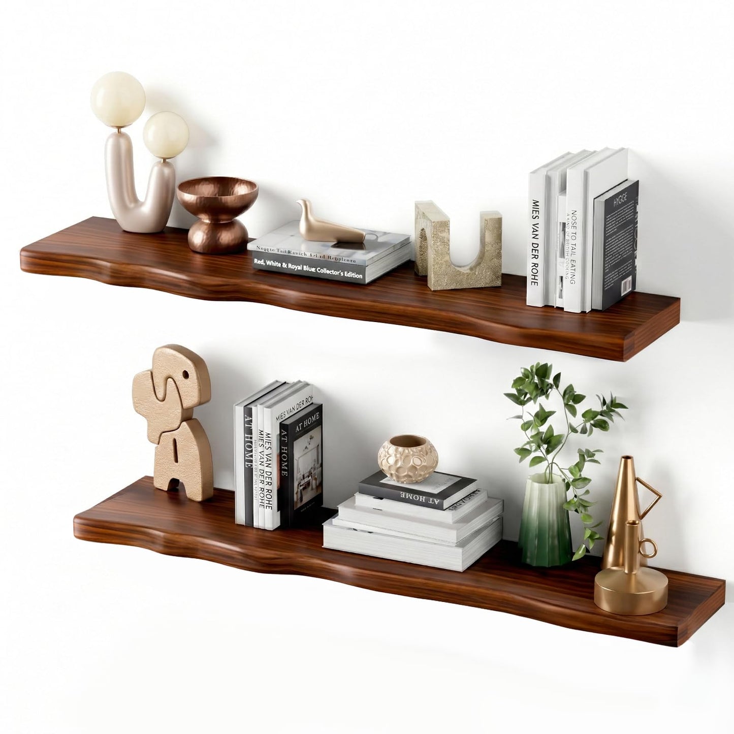Avytronx Solid Wood Live Edge Floating Shelves Set of 2 – 36" Rustic Wall Shelf with Hidden Bracket System, Wall Mounted Shelves for Bathroom, Kitchen, Living Room, Bedroom (Walnut)