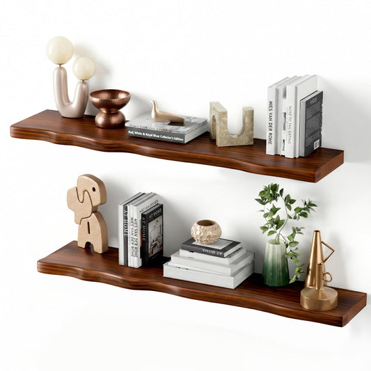 Avytronx Solid Wood Live Edge Floating Shelves Set of 2 – 36" Rustic Wall Shelf with Hidden Bracket System, Wall Mounted Shelves for Bathroom, Kitchen, Living Room, Bedroom (Walnut)